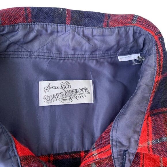 Vintage Sears Roebuck & Co Wool Blend Long Sleeve Red / Navy Blue Plaid Men's XX - Picture 3 of 6